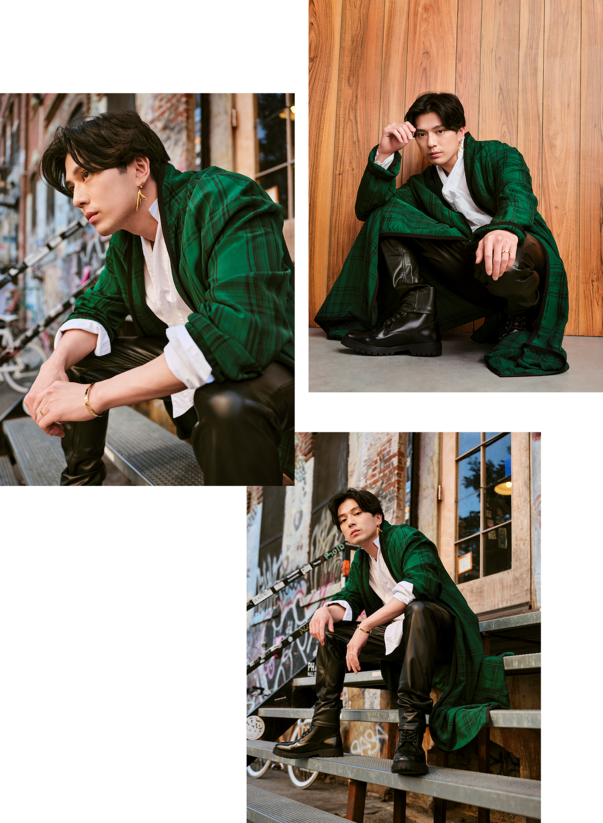 Três imagens de Mackenyu: em uma, ele está agachado; em outra, sentado em uma escada; e na terceira, olhando para a câmera.