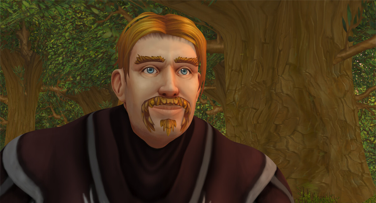 Mats Steen's World of Warcraft character Ibelin. He bears a full head of hair, bushy eyebrows, a mustache, and goatee.