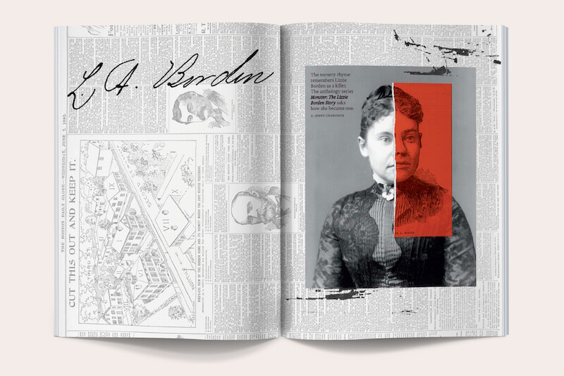 Open book featuring a vintage map, line drawings, and C.A. Borden signature on the left, and a grayscale portrait of a Victorian woman with a red overlay on half her face, set atop a newspaper background on the right page.