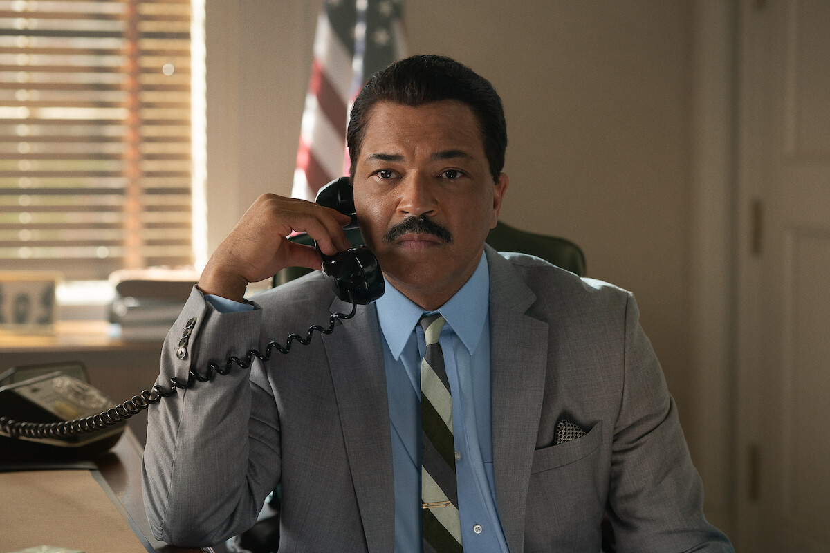 Jeffrey Wright as Adam Clayton Powell Jr. takes a phonecall in an office in ‘Rustin’