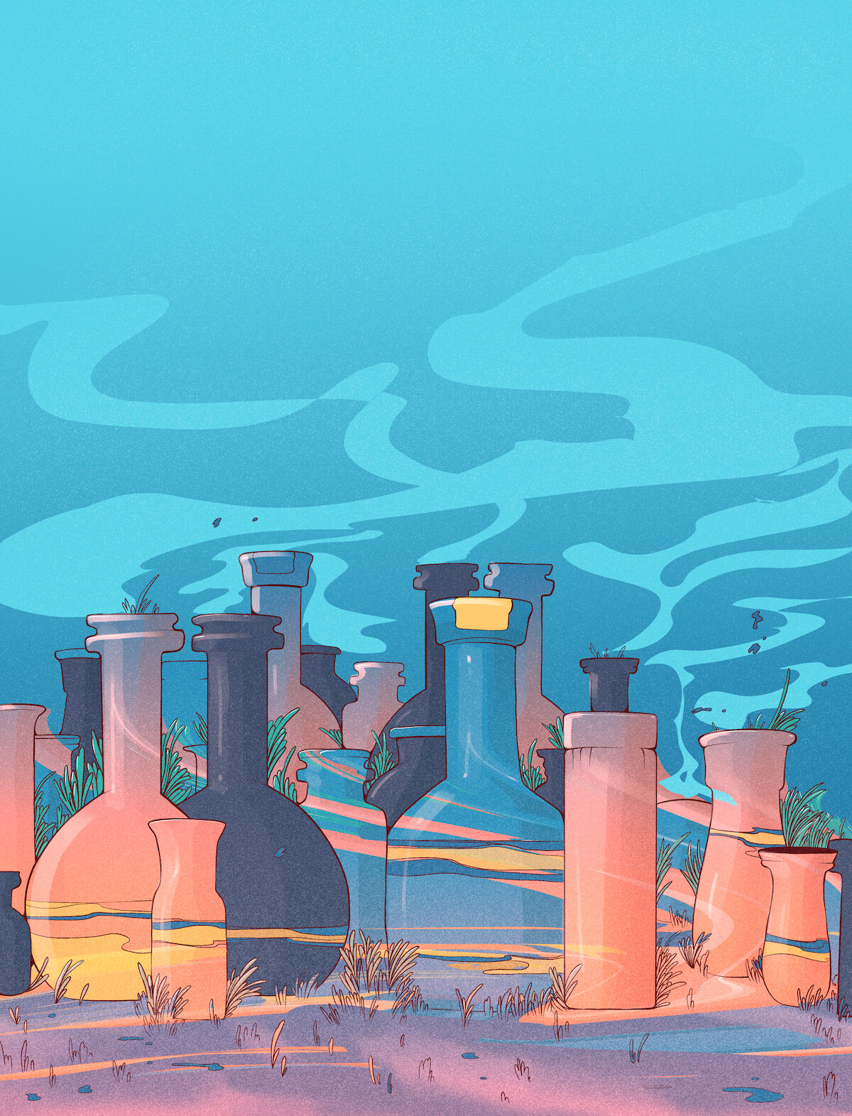 A colorful illustration of a set of beakers and lab tubes