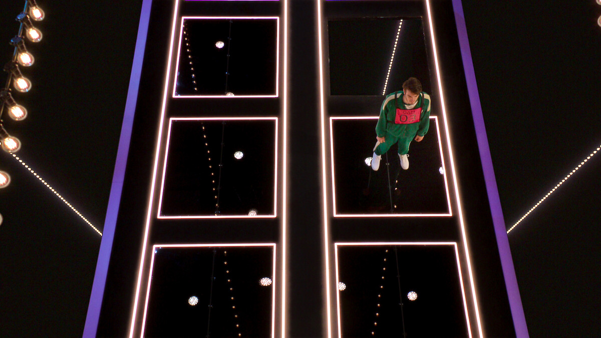 A 'Squid Game: The Challenge' contestant during the Glass Bridge challenge.