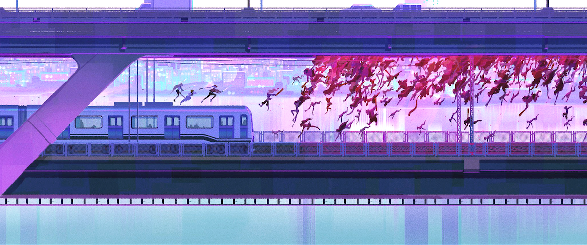 Sketch of subway bridge battle in ‘KPop Demon Hunters’