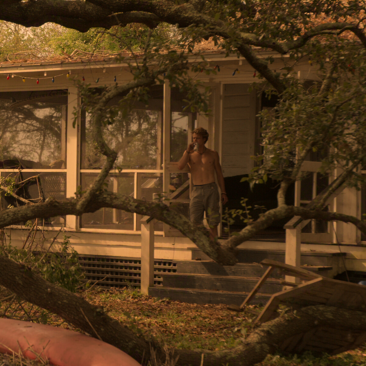 Shirtless man on porch of weathered house, surrounded by large tree branches and scattered debris in a natural outdoor setting, warm lighting.