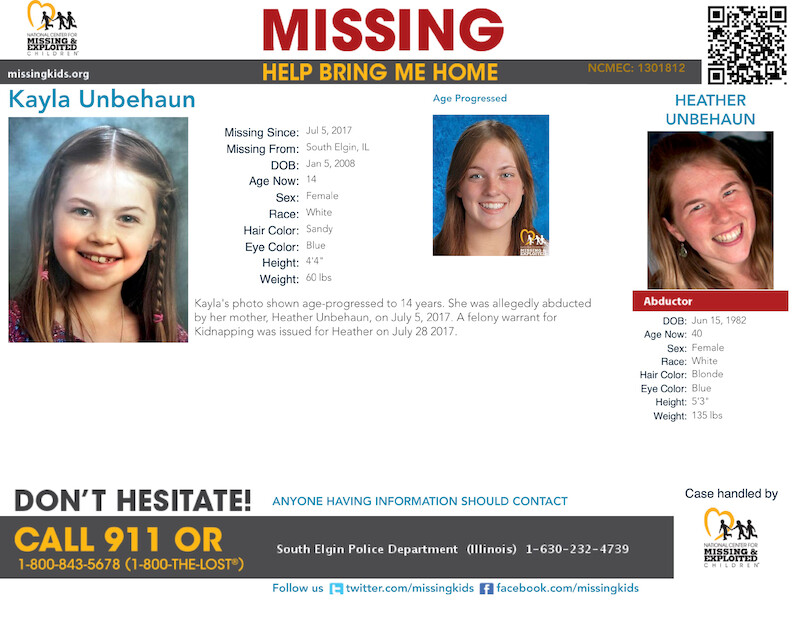 Heather Unbehaun is wanted for felony kidnapping after abducting her daughter, Kayla Unbehaun, on July 5, 2017. 