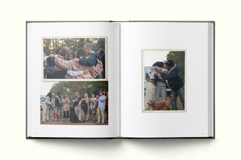An open photo album with images of a group of people embracing outdoors, another group photo in a park, and two people hugging near a car with a dog, all in a warm, natural setting.