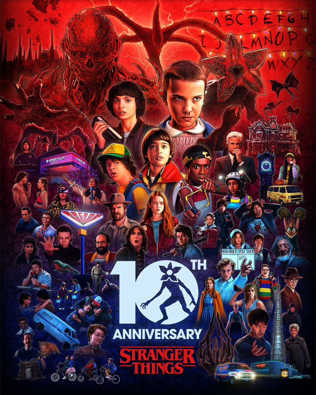 ‘Stranger Things’ 10th anniversary poster featuring main characters, monsters, Hawkins town elements, supernatural symbols, and key scenes, with a dramatic red and dark background and the series logo prominently displayed.