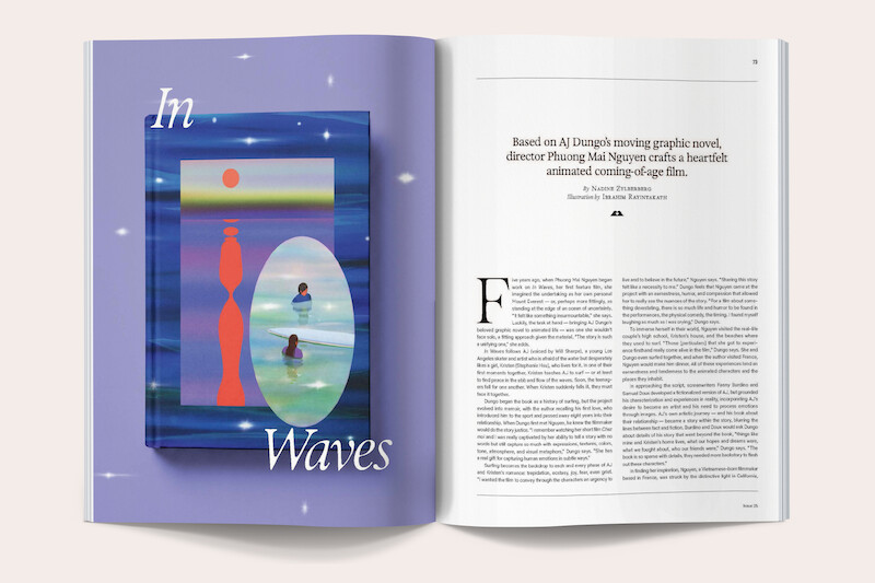 Magazine spread with left page showing stylized art of figures in water at sunset titled "In Waves"; right page features an article about adapting AJ Dungo's graphic novel into an animated film, with text and illustration.