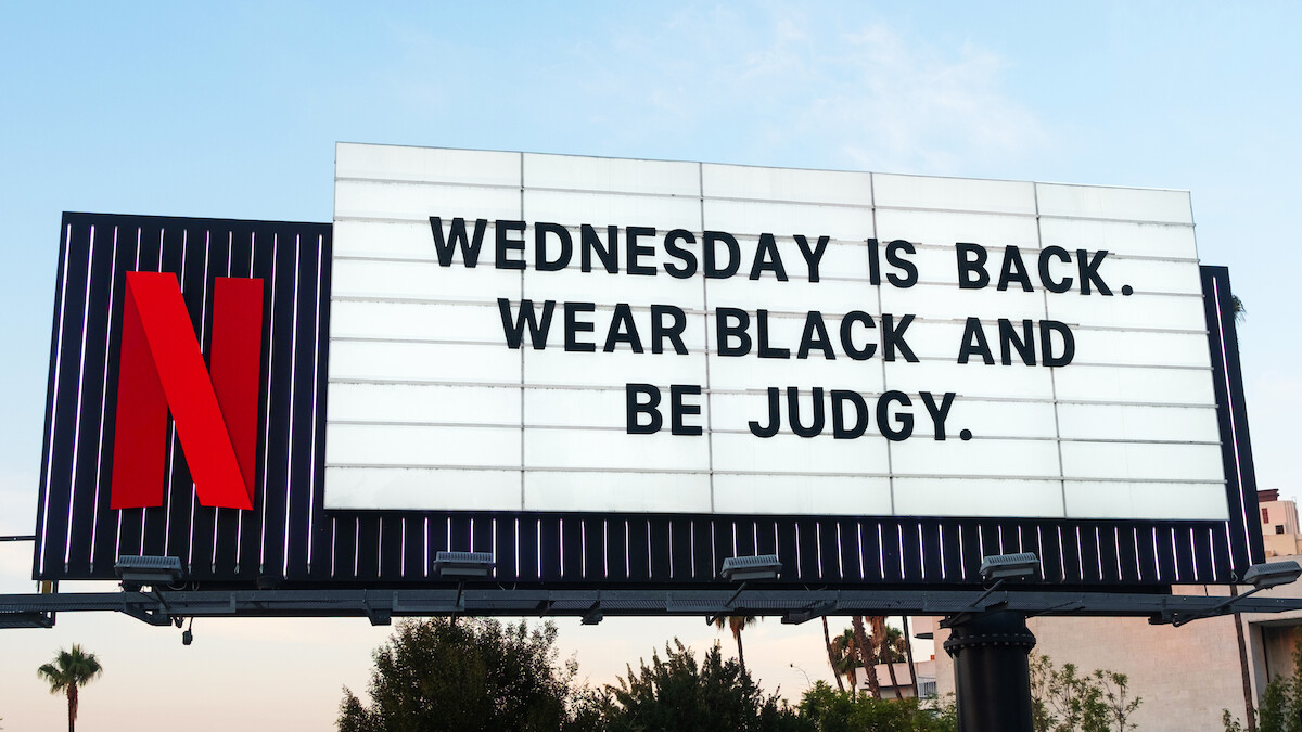 Wednesday Sunset Blvd Billboard ‘Wednesday is back. Wear black and be judgy.’