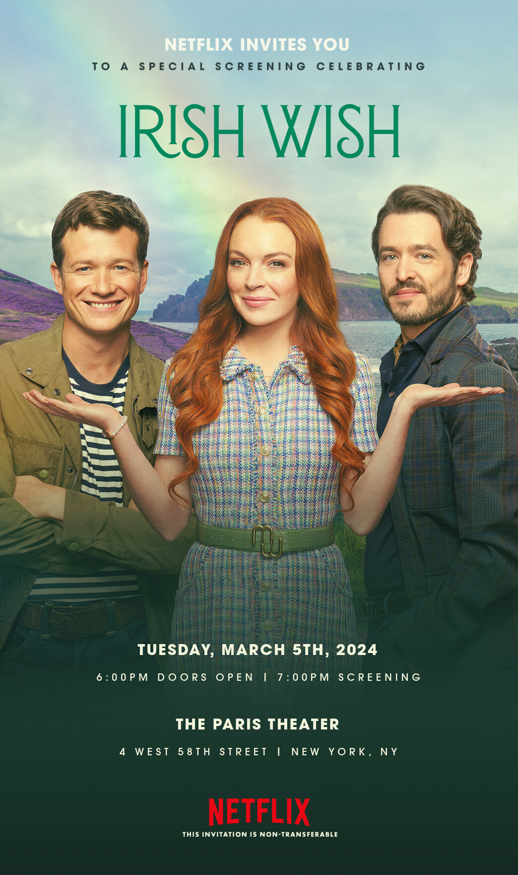 An invitation to a special screening celebrating ‘Irish Wish’ at the Paris Theater on Tuesday, March 5, 2024.