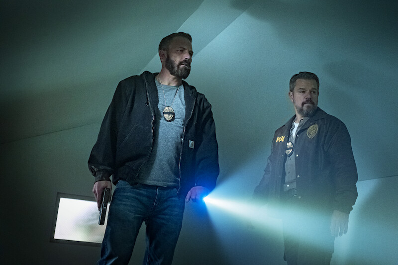 Ben Affleck as Detective Sergeant J.D. Byrne and Matt Damon as Lieutenant Dane Dumars in 'The Rip.'
