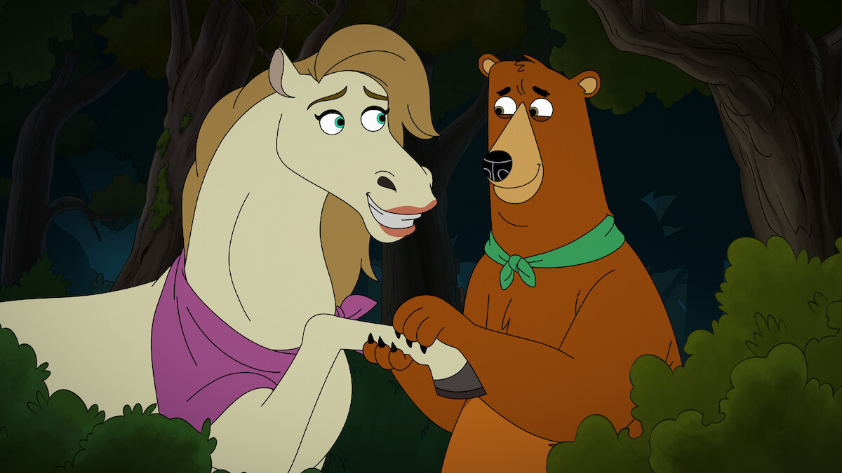 A cartoon horse and bear holding hooves/paws in a forest at night, both wearing neckerchiefs and appearing friendly and expressive.