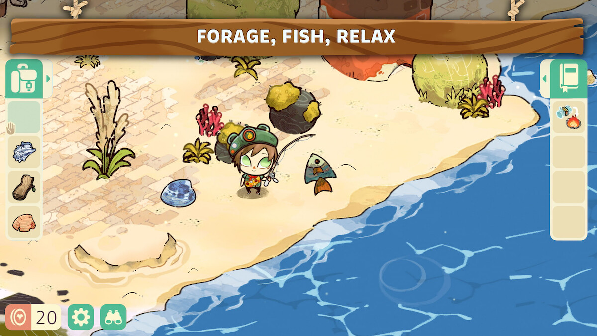 An animated character fishes on a beach in the game ‘Cozy Grove: Camp Spirit’
