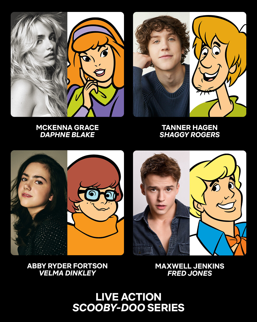 Fotos de quatro atores ao lado de seus respectivos personagens do desenho animado Scooby-Doo, identificados com os nomes e os papéis: Daphne, Salsicha, Velma e Fred, para promover a série de live-action sobre Scooby-Doo.