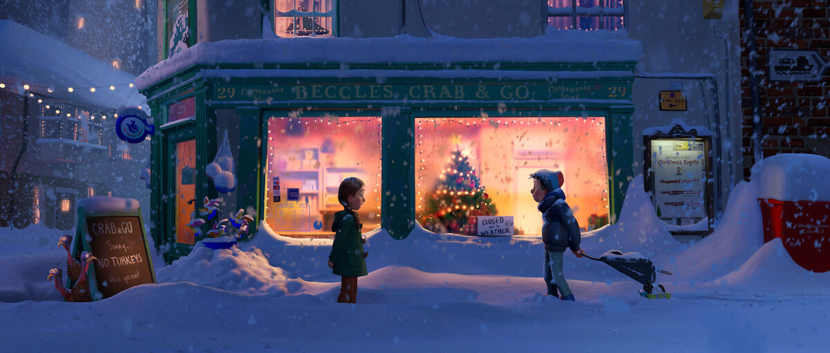 Two children stand on a snowy city street in a still from ‘That Christmas.’