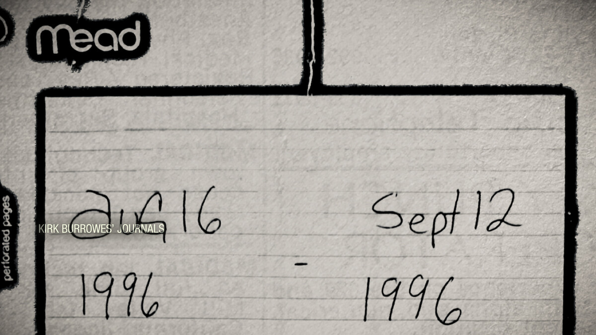 A close-up of a notebook page with the brand “Mead" visible, handwritten dates August 16, 1996 and September 12, 1996. The setting is a simple, academic or organizational environment; mood is neutral and nostalgic.