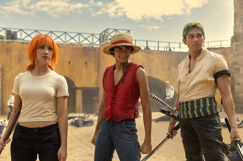 Emily Rudd as Nami, Iñaki Godoy as Monkey D. Luffy, Mackenyu Arata as Roronoa Zoro 