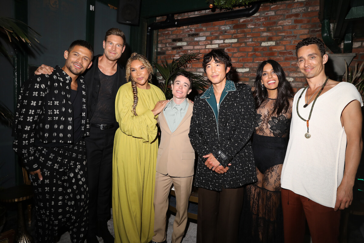 David Castañeda, Tom Hopper, Emmy Raver-Lampman, Elliot Page, Justin H. Min, Ritu Arya, and Robert Sheehan attend ‘The Umbrella Academy’ Season 4 premiere after-party at The Spotlight in Los Angeles.