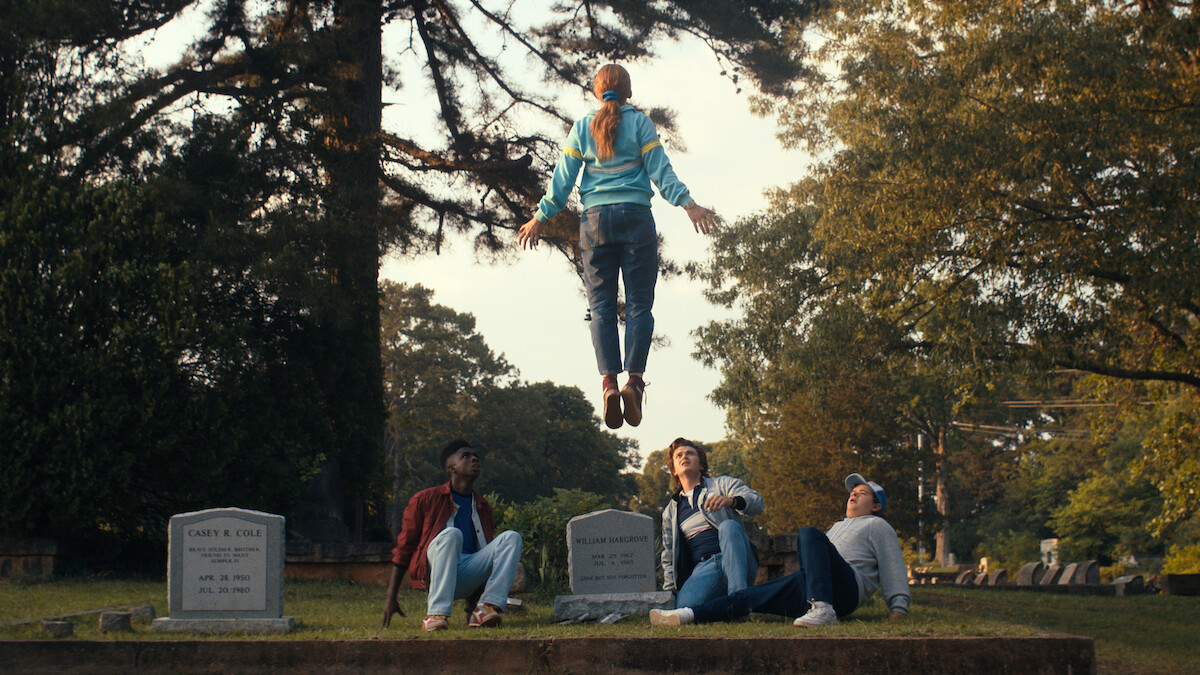 STRANGER THINGS. (L to R) Caleb McLaughlin as Lucas Sinclair, Sadie Sink as Max Mayfield, Joe Keery as Steve Harrington, Gaten Matarazzo as Dustin Henderson in STRANGER THINGS. Cr. Courtesy of Netflix © 2022