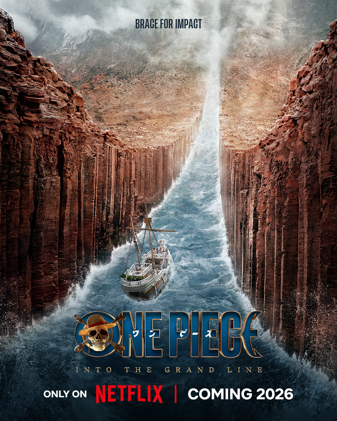 Key Art for ‘ONE PIECE’ Season 2 featuring a ship sailing up Reverse Mountain.