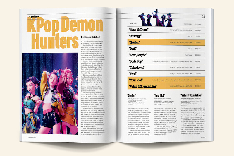 Issue spread of the KPop Demon Hunters playlist