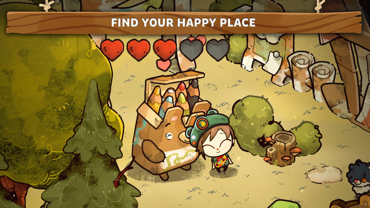 An animated game character smiles with an animated box of crayons character.