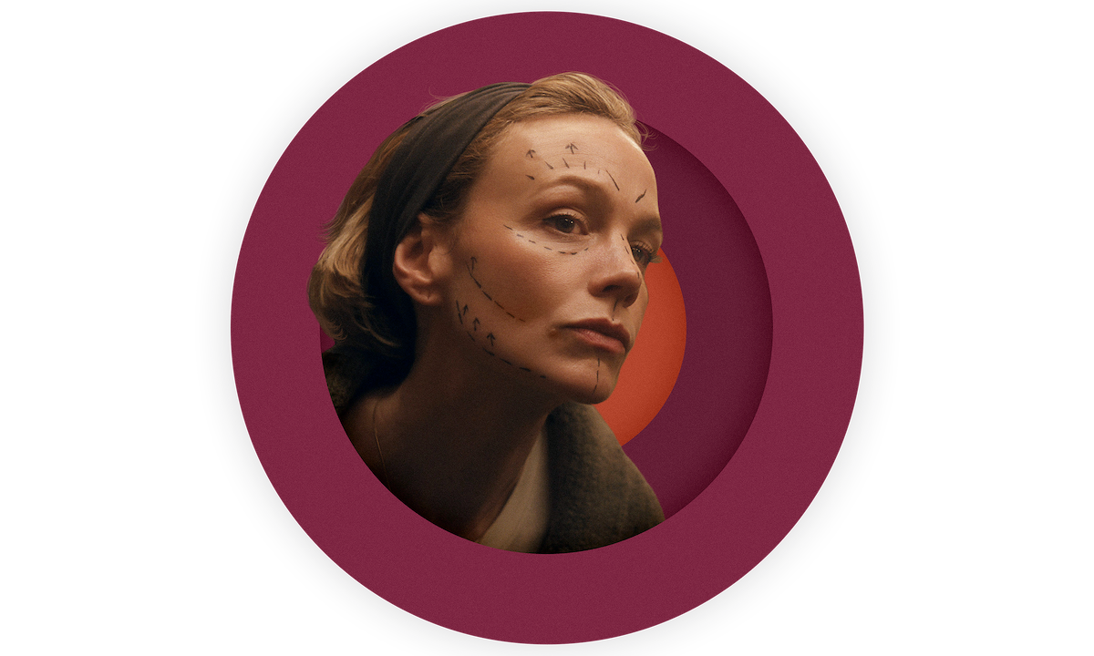 A spot photo illustration of Carey Mulligan as Lindsay with markings on her face to show what cosmetic surgeries she could potentially pursue with the team at the Trochos Clinic in Korea.