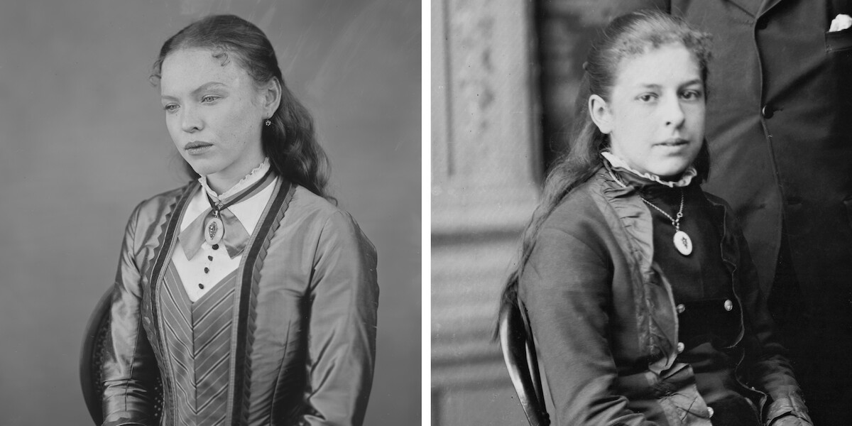 Two young women in Victorian-era clothing, seated and posing for formal portraits. Both have long hair and wear high-collared dresses with brooches, set against plain and ornate studio backdrops. The mood is serious and contemplative.