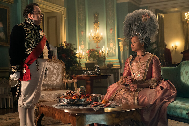 Hugh Sachs as Brimsley and Golda Rosheuvel as Queen Charlotte.