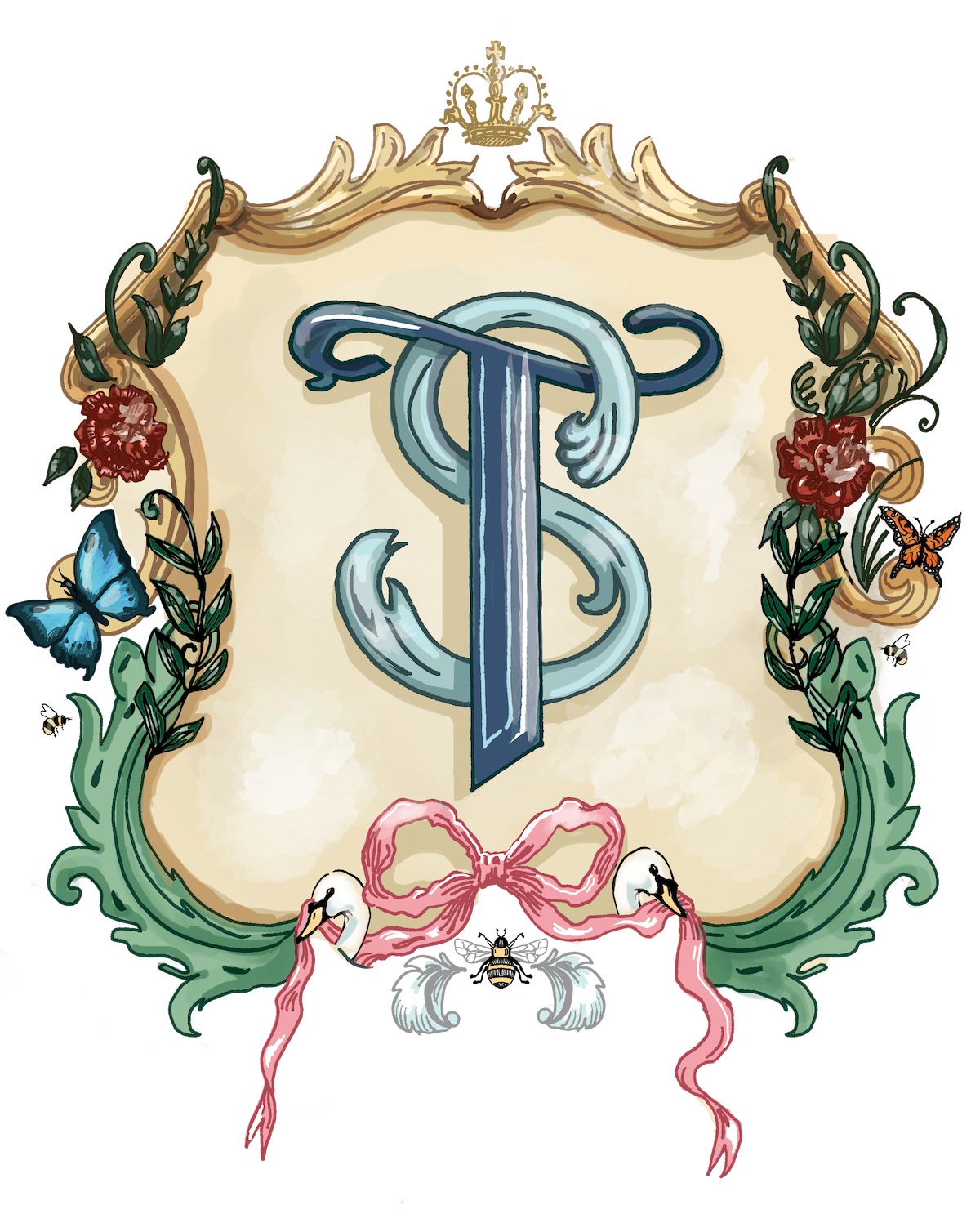 An illustrated crest with bees, butterflies, and flowers