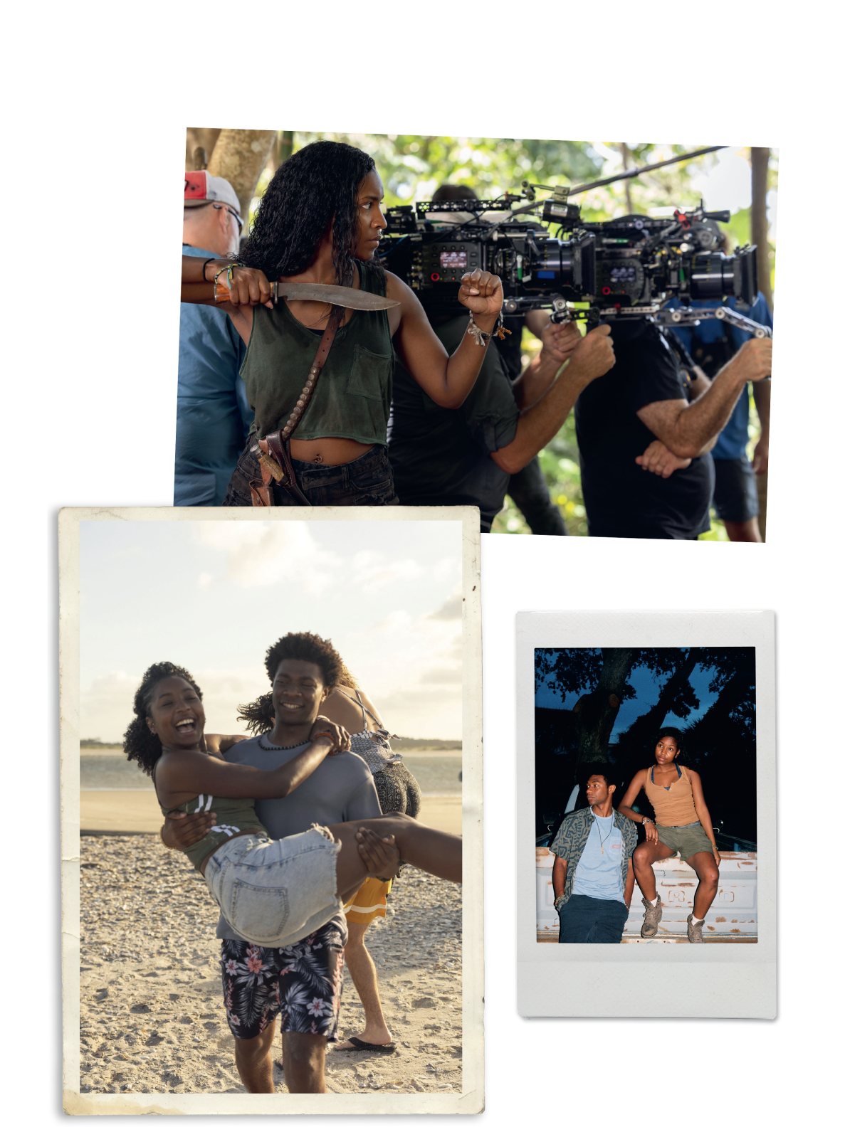 Woman acting in front of a film crew outdoors, two people playfully posing on a beach, and two friends at night; casual, fun, behind-the-scenes moments.