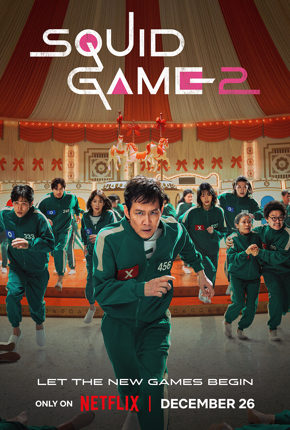 Key art for ‘Squid Game’ Season 2 featuring Lee Jung-jae as Seong Gi-hun running away from a merry-go-round.