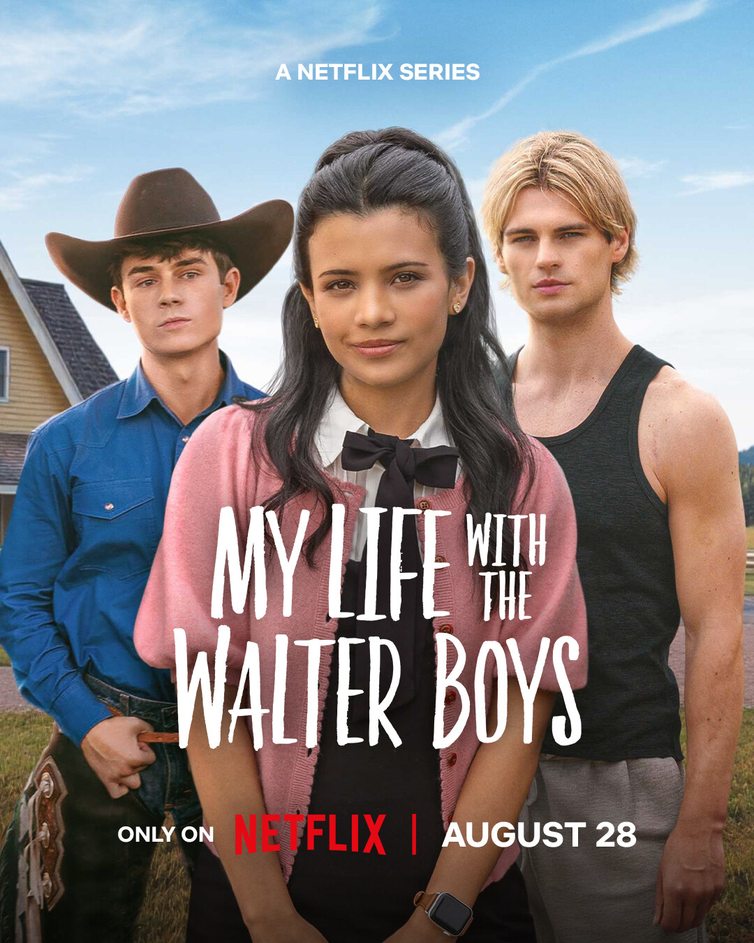 Ashby Gentry as Alex, Nikki Rodriguez as Jackie and Noah LaLonde as Cole in a poster for ‘My Life with the Walter Boys’ Season 2 only on Netflix on August 28.