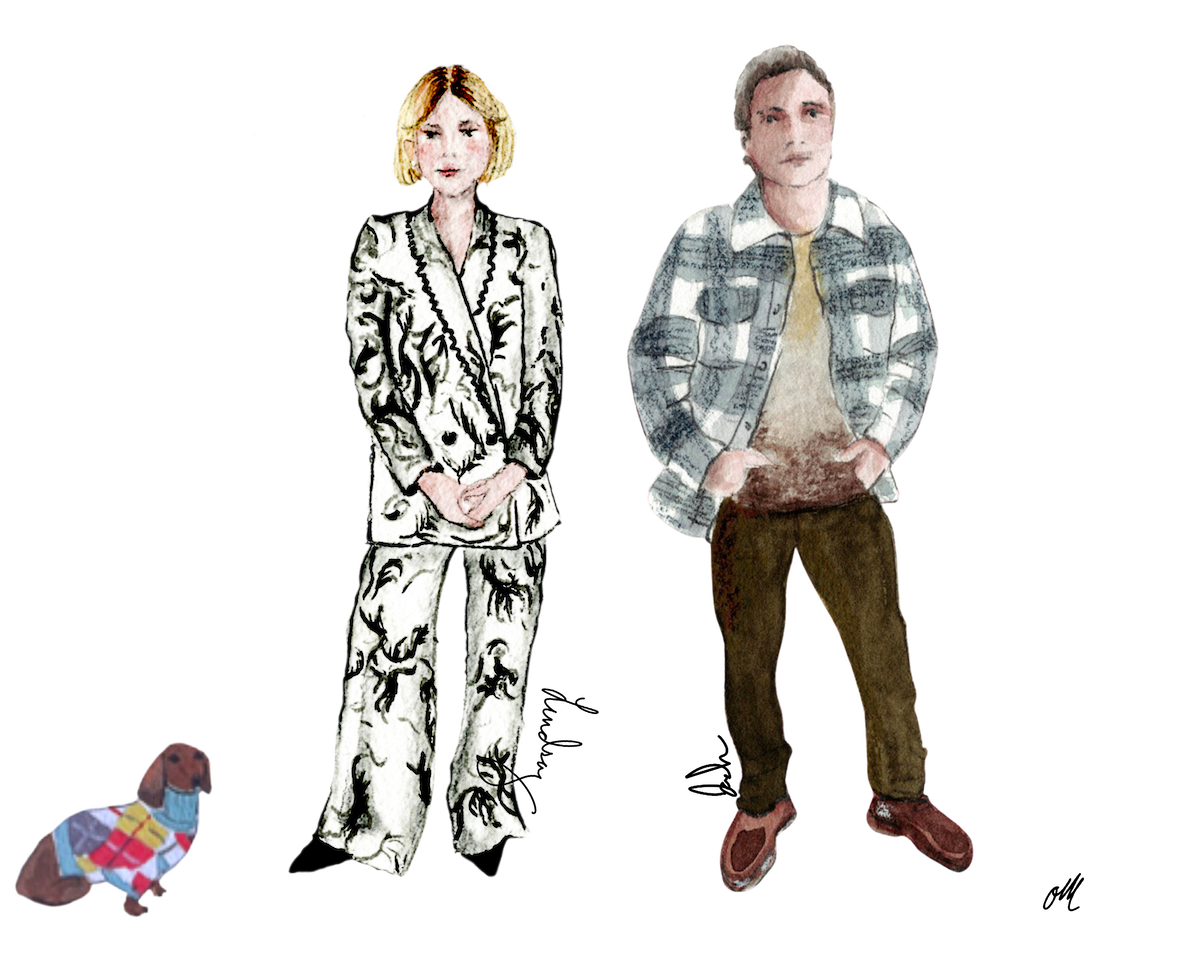 Illustration of a woman in a patterned suit, a man in casual clothes, and a small dog in a colorful sweater, all standing together against a plain background.