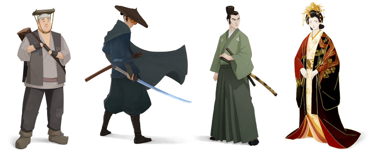 Four character poses of Ringo, Mizu, Taigen, and Akemi in Edo-Era clothing from ‘Blue Eye Samurai'.’