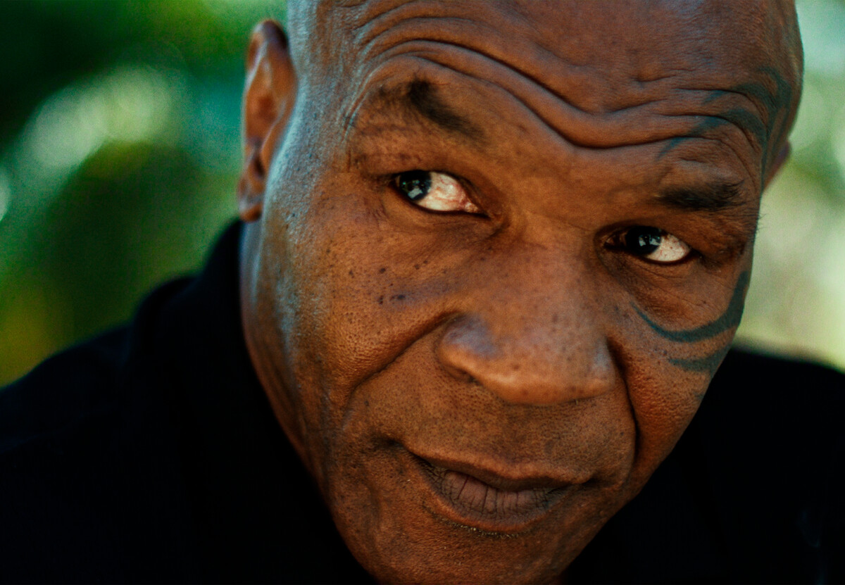 Foto em close mostra o lutador Mike Tyson, um homem negro, de cabelos raspados e com uma tatuagem na face