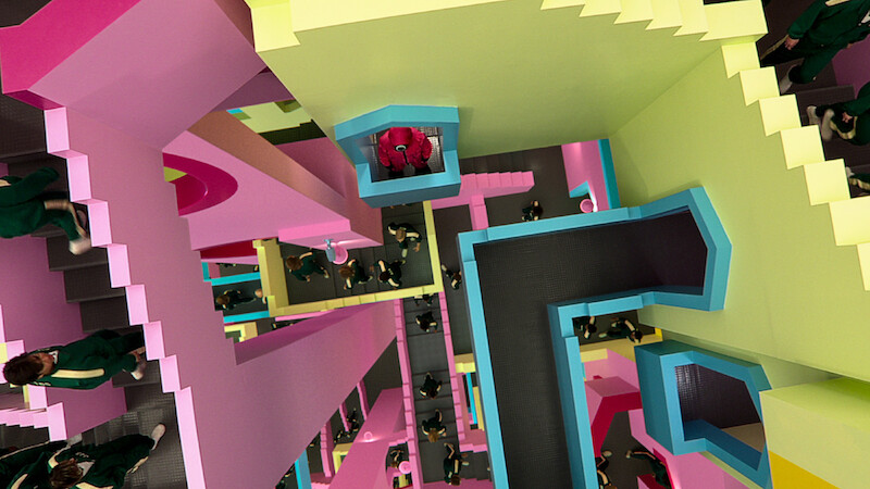 An overhead shot of the Squid Game Stairs. 