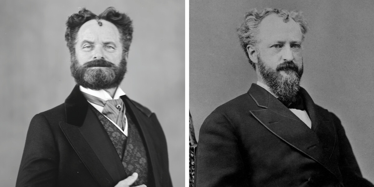 Two bearded men in formal 19th-century attire, each posed for a portrait against plain backgrounds, evoking a serious, formal, and historical mood. The setting is likely indoors, emphasizing vintage photographic style.