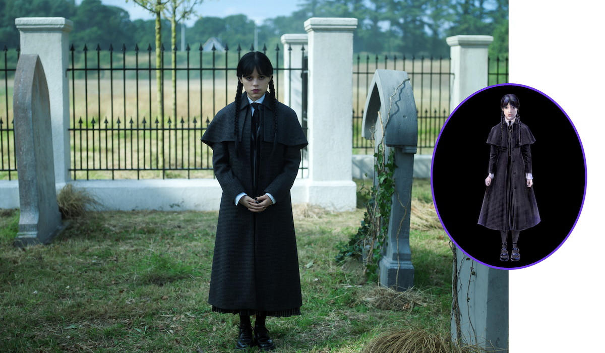 Jenna Ortega as Wednesday Addams wearing a black detective coat standing in a graveyard in ‘Wednesday’ Season 2.
