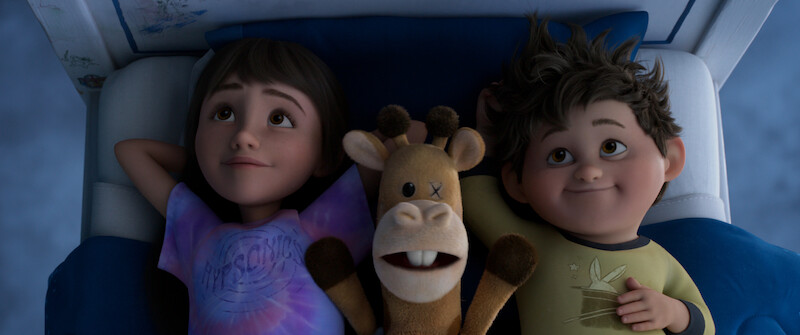 Animated still of Stevie voiced by Jolie Hoang-Rappaport, Baloney Tony voiced by Craig Robinson, and Elliot voiced by Elias Janssen in 'In Your Dreams'