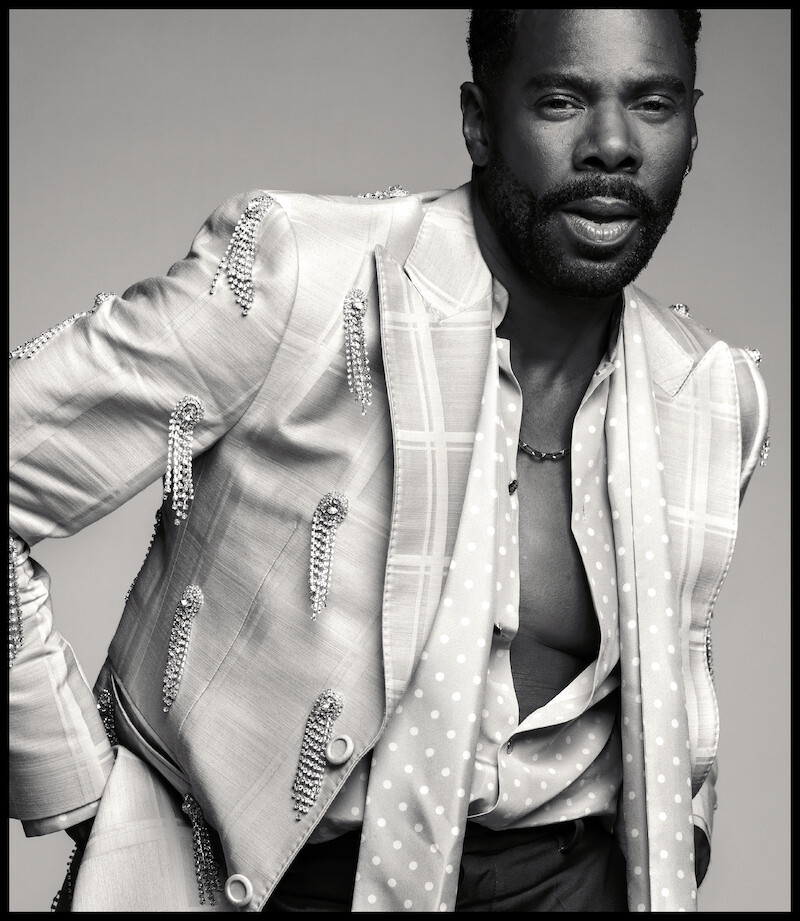 Colman Domingo in a bedazzled suit strikes a pose for a portrait. 