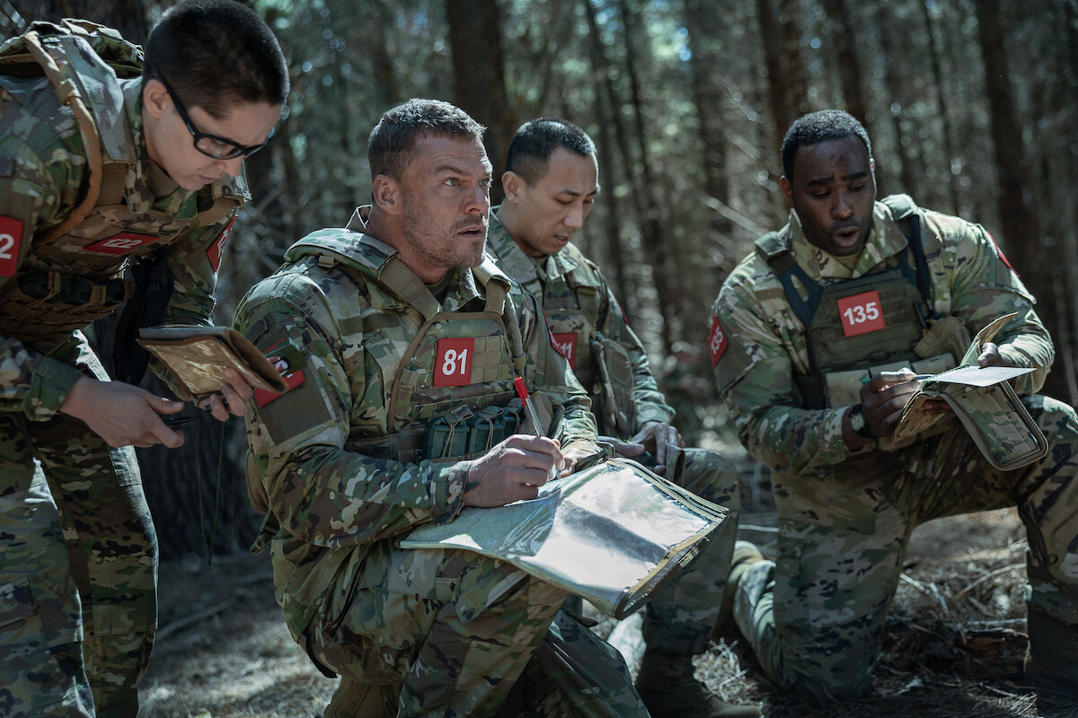 Heather Burridge as 122, Alan Ritchson as 81, Yuchen Wang as 111, and Victory Noukwe as 135 in ‘War Machine’