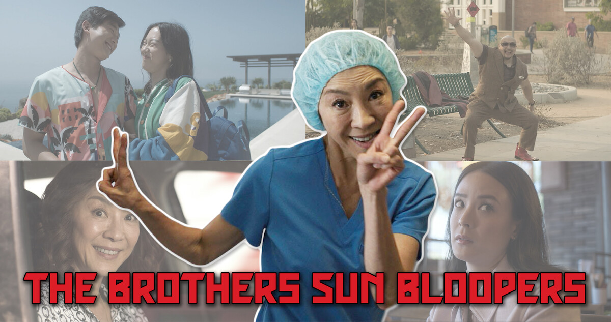 Michelle Yeoh (Eileen Sun) in blue hospital scrubs in front of a grid of different shots from the blooper reel.