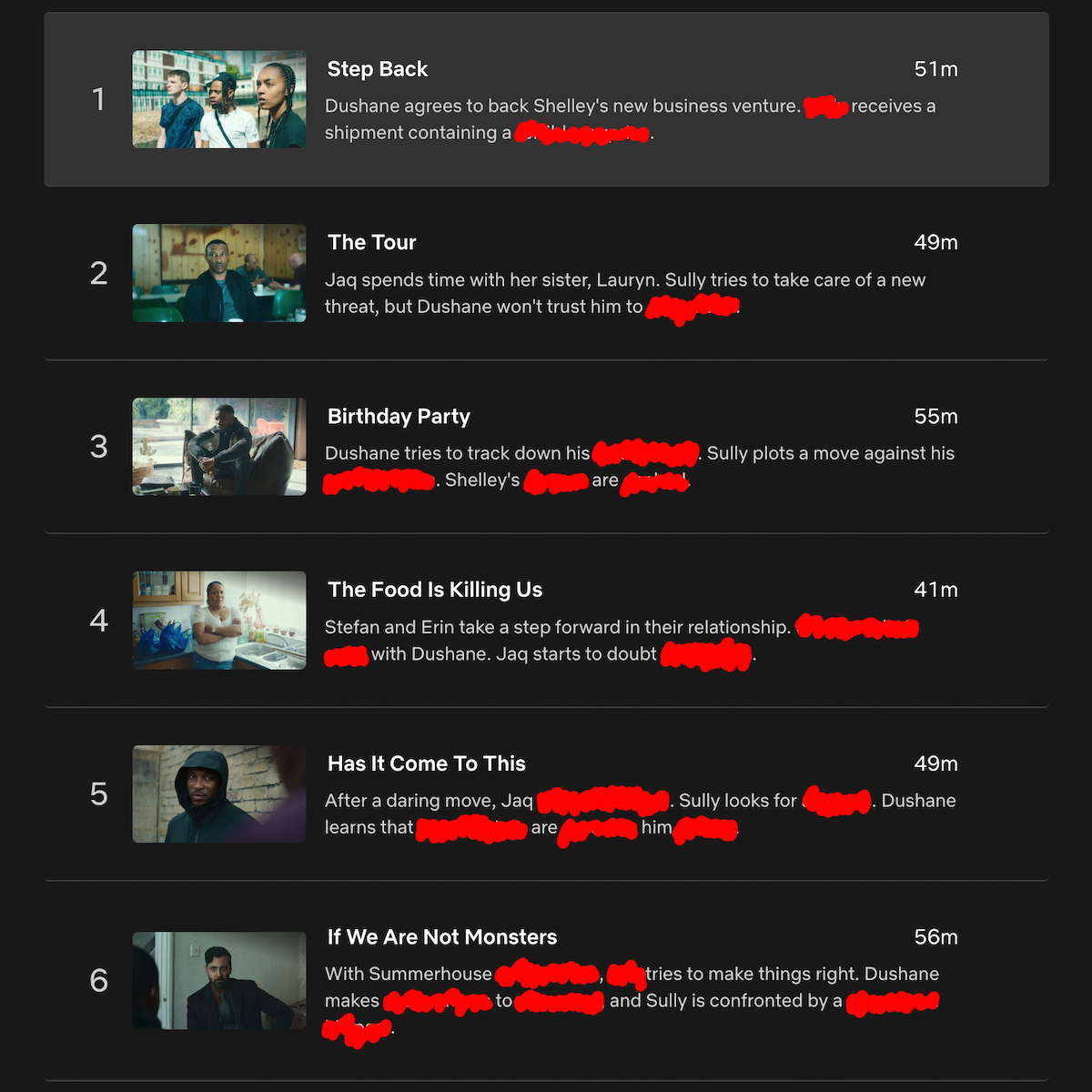 Episode image thumbnails and synopsis text for ‘Top Boy’ Season 3