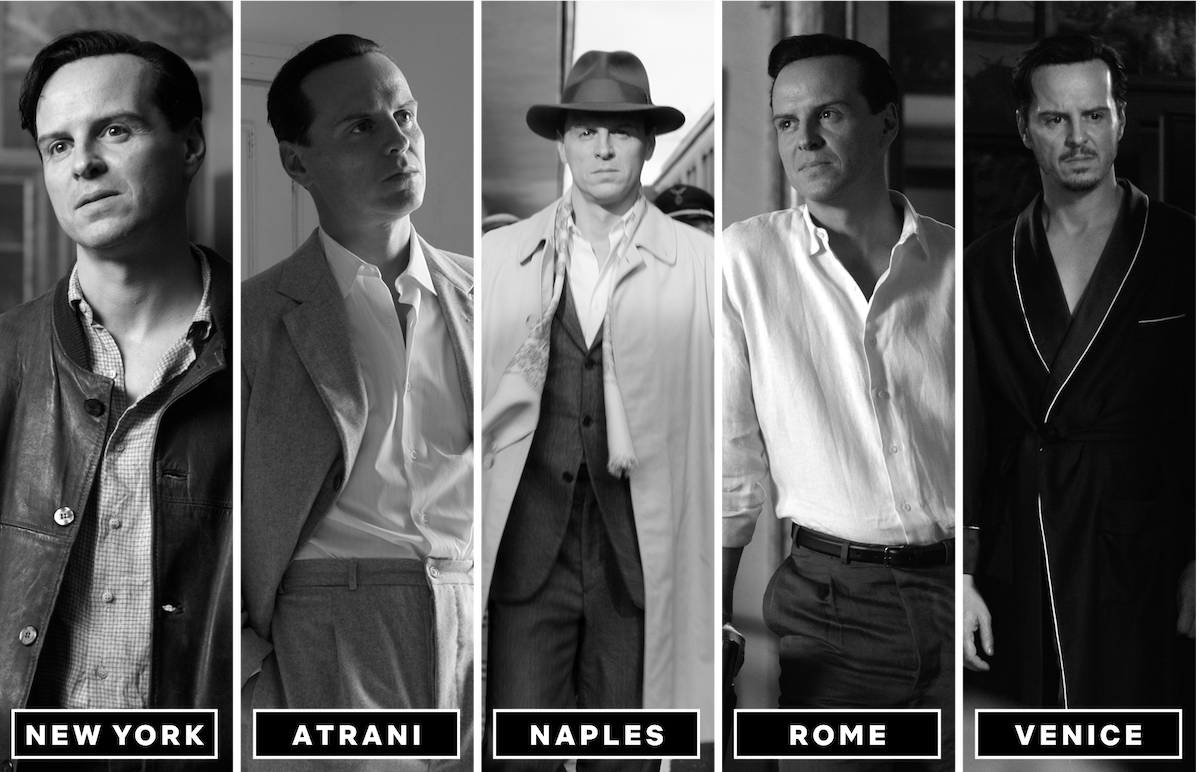 Andrew Scott as Tom Ripley in five different looks in New York, Atrani, Naples, Rome, and Venice