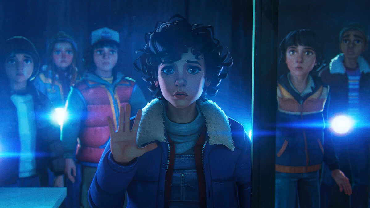 Animated still of Will, Dustin, Eleven, Mike, and Lucas in 'Stranger Things: Tales from '85'