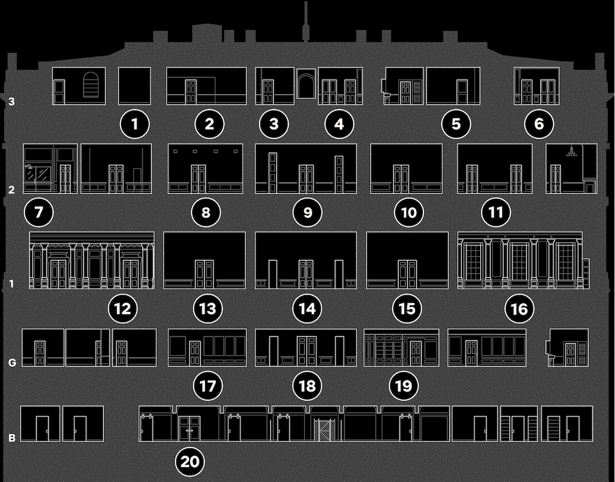 A numbered architectural drawing of each floor and room of the south side of The White House.