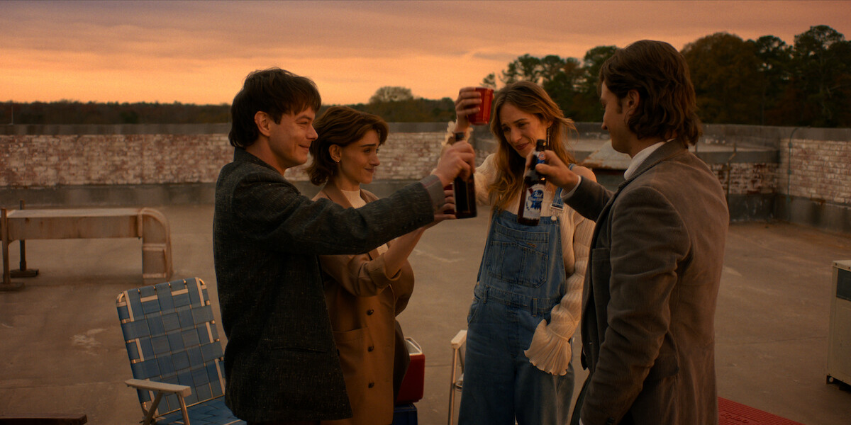 Charlie Heaton as Jonathan, Natalia Dyer as Nancy, Maya Hawke as Robin, and Joe Keery as Steve in ‘Stranger Things 5’