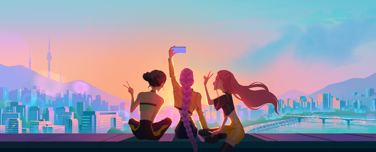 Zoey, Rumi, and Mira sit on a rooftop at sunset, posing for a selfie with a city skyline, mountains, and a river in the background, soft pastel colors filling the sky.
