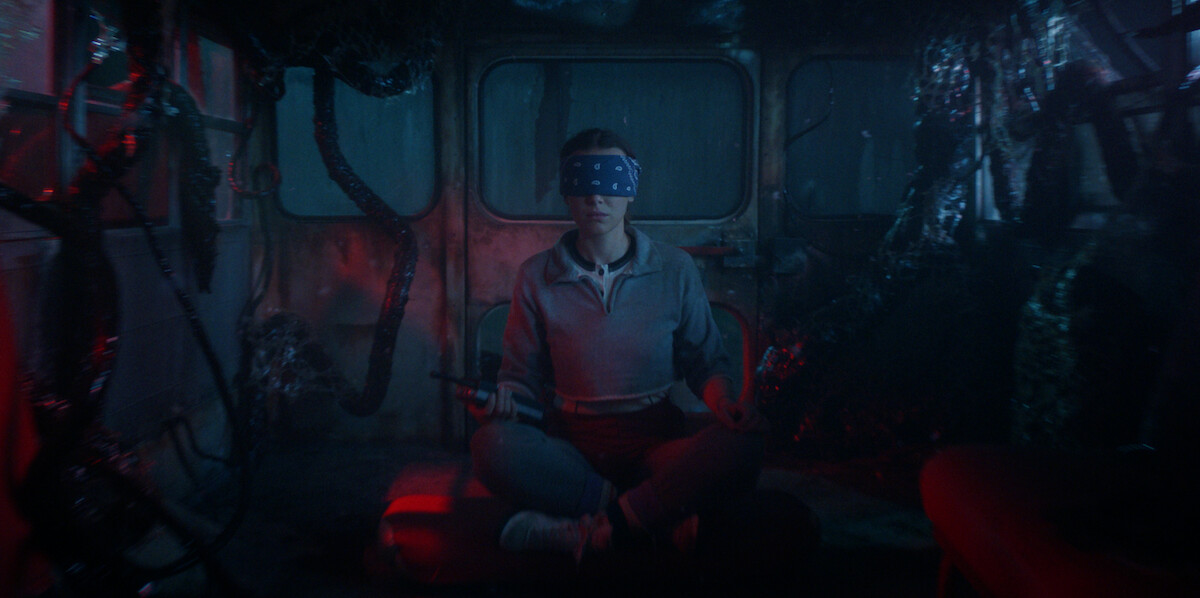 Millie Bobby Brown as Eleven sitting in a dark space blindfolded in ‘Stranger Things 5.’